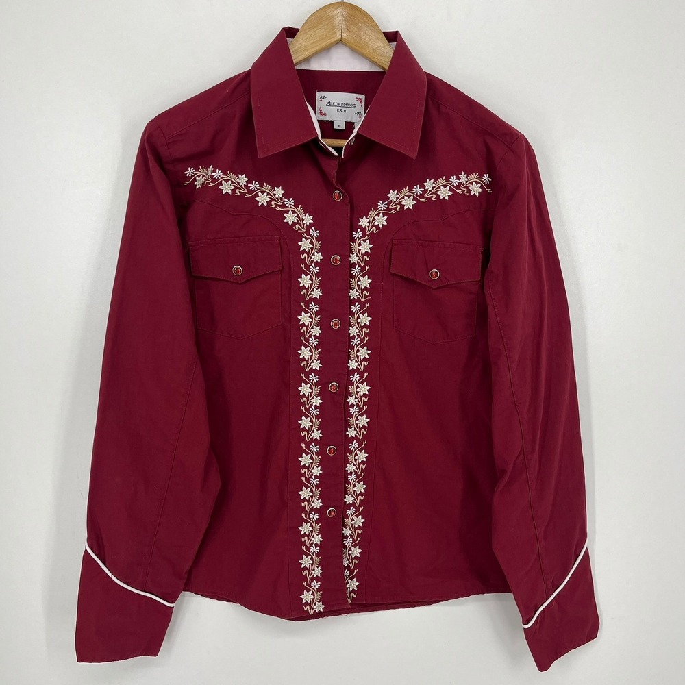 Ace of Diamond Women Burgundy Floral Embroidered Western Pearl Snap Shirt Large